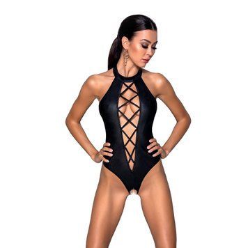 Боді з еко-шкіри з імітацією шнурівки та відкритим доступом Passion NANCY BODY S/M, black SO5371 фото